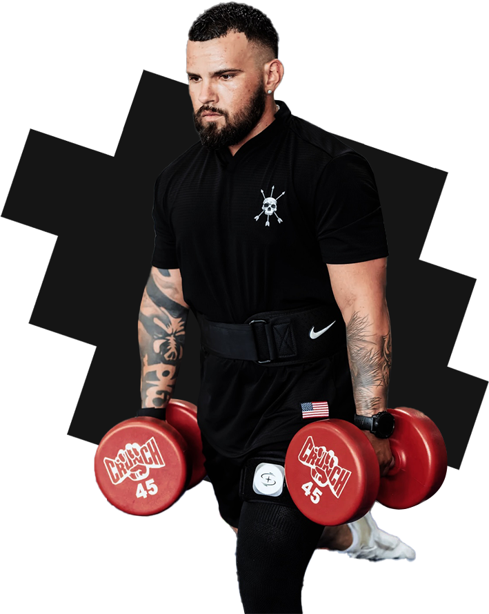 A man holding two red dumbbells in his hands.